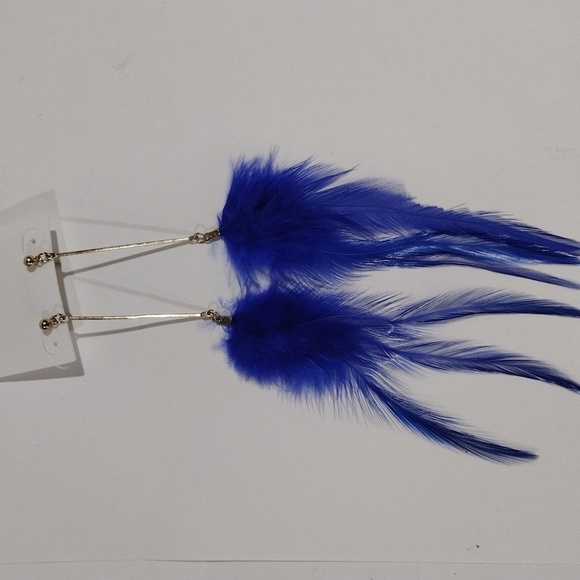 Gold Tone Blue Feather 6.5" Drop Long Post Earrings - Women's  Fashion Jewelry - Picture 5 of 6